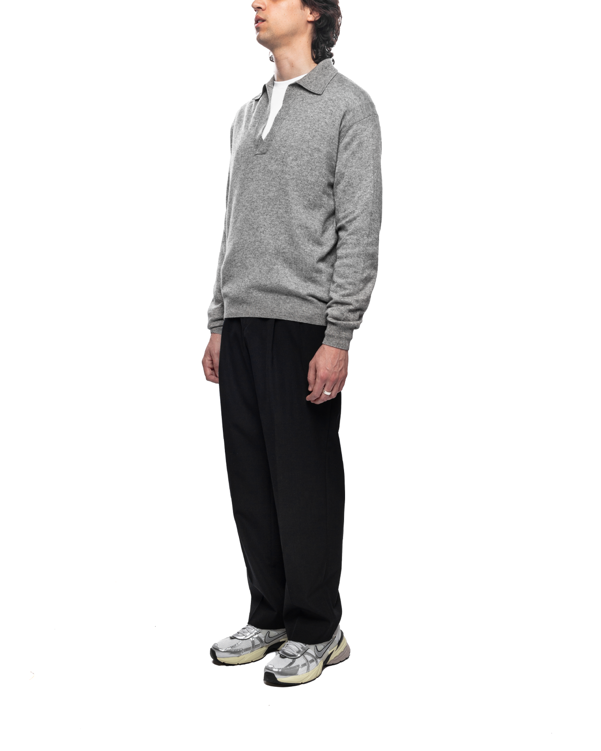 Super Fine Cashmere Silk Knit Skipper Polo Top Grey