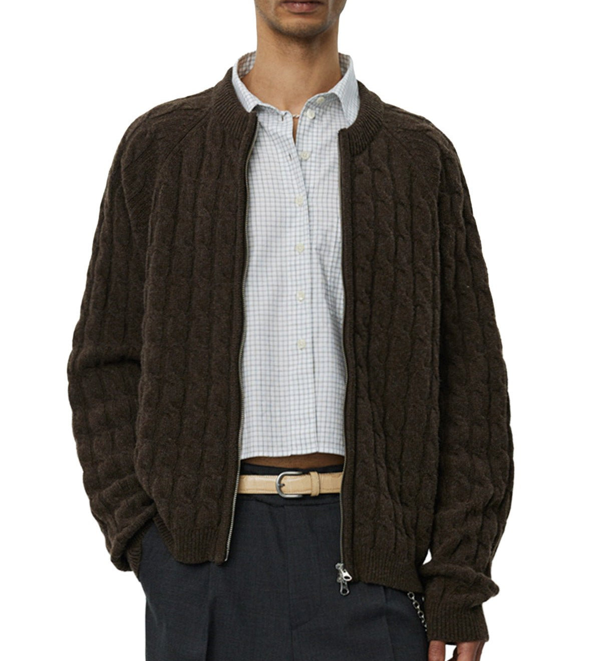 Editor Zip Sweater Brown Cable Knit - LIKELIHOOD