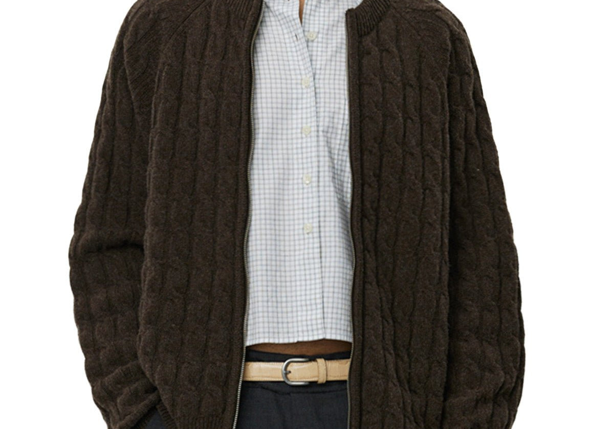 Editor Zip Sweater Brown Cable Knit - LIKELIHOOD