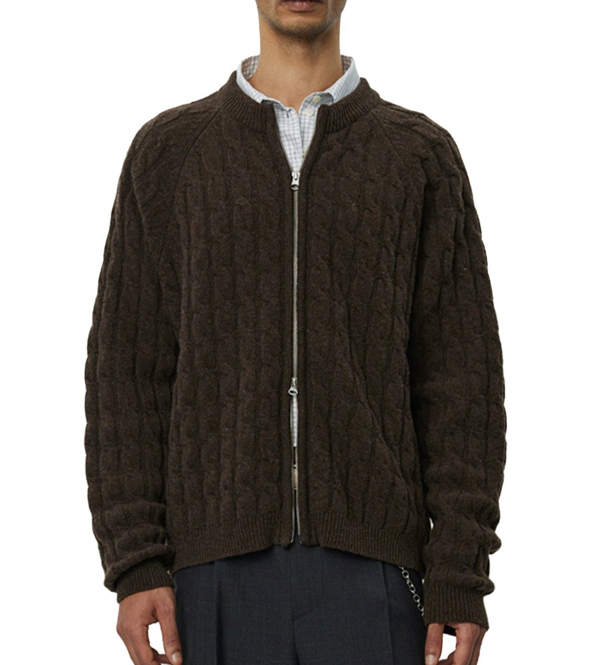 Editor Zip Sweater Brown Cable Knit - LIKELIHOOD