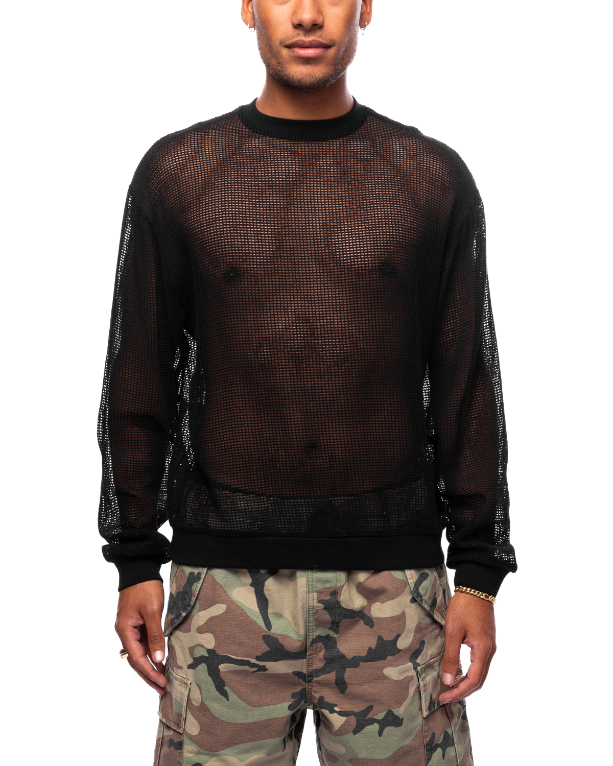 Cotton Mesh Long Sleeve Crew Black