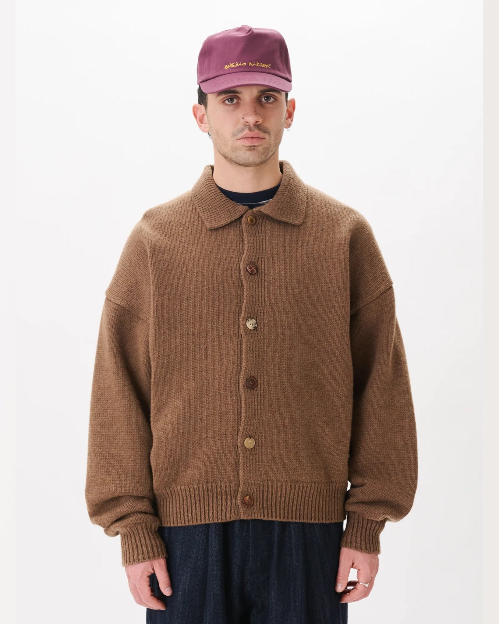 Mismatch Button Cardigan Brown - LIKELIHOOD