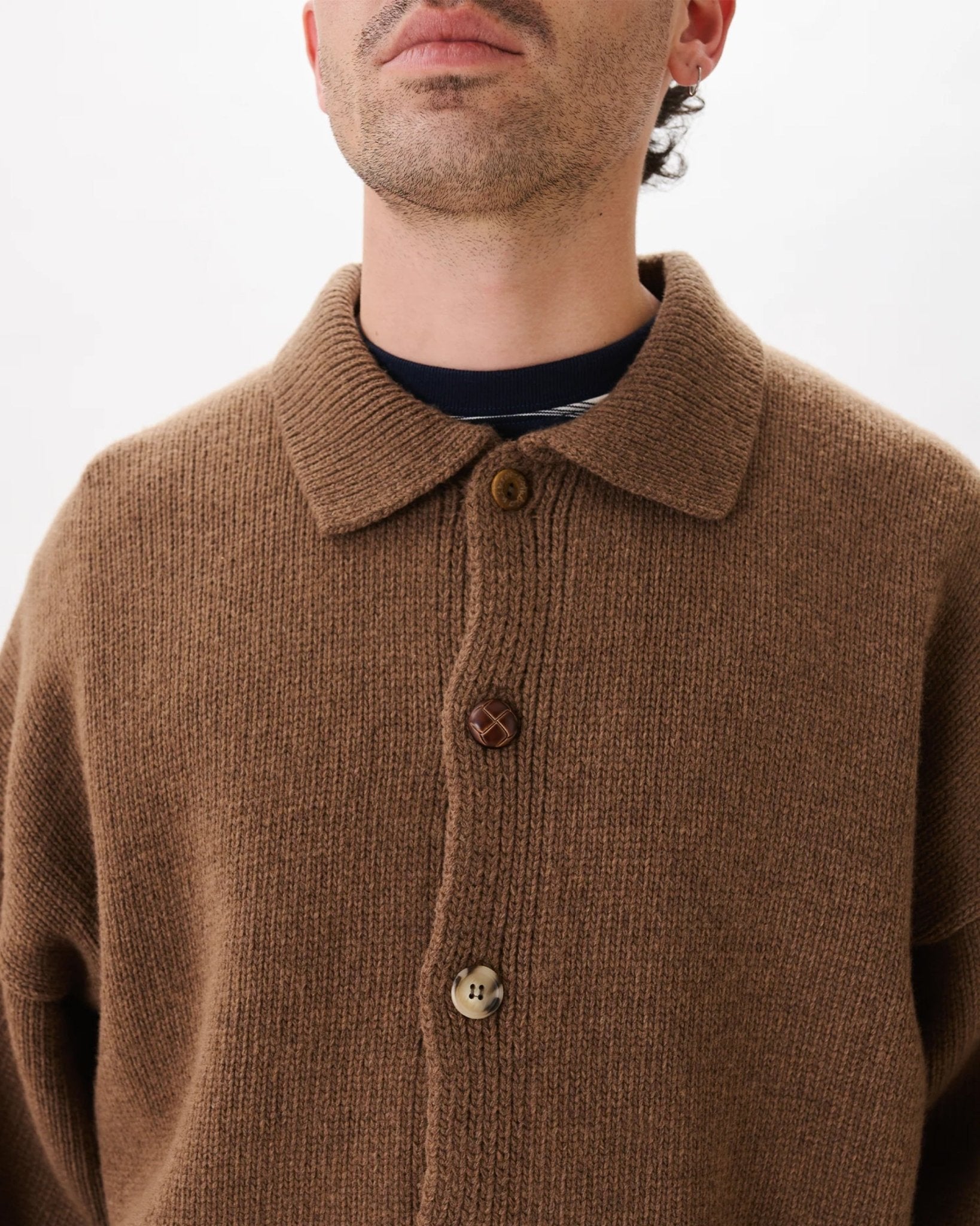 Mismatch Button Cardigan Brown - LIKELIHOOD