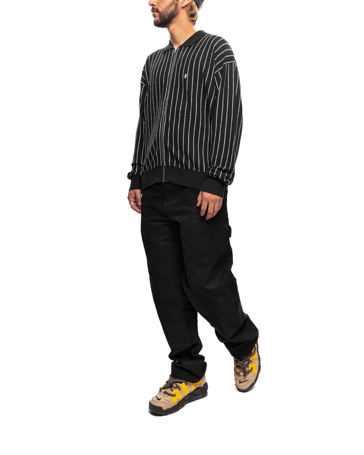 Light Weight LS Zip Polo Black Stripe
