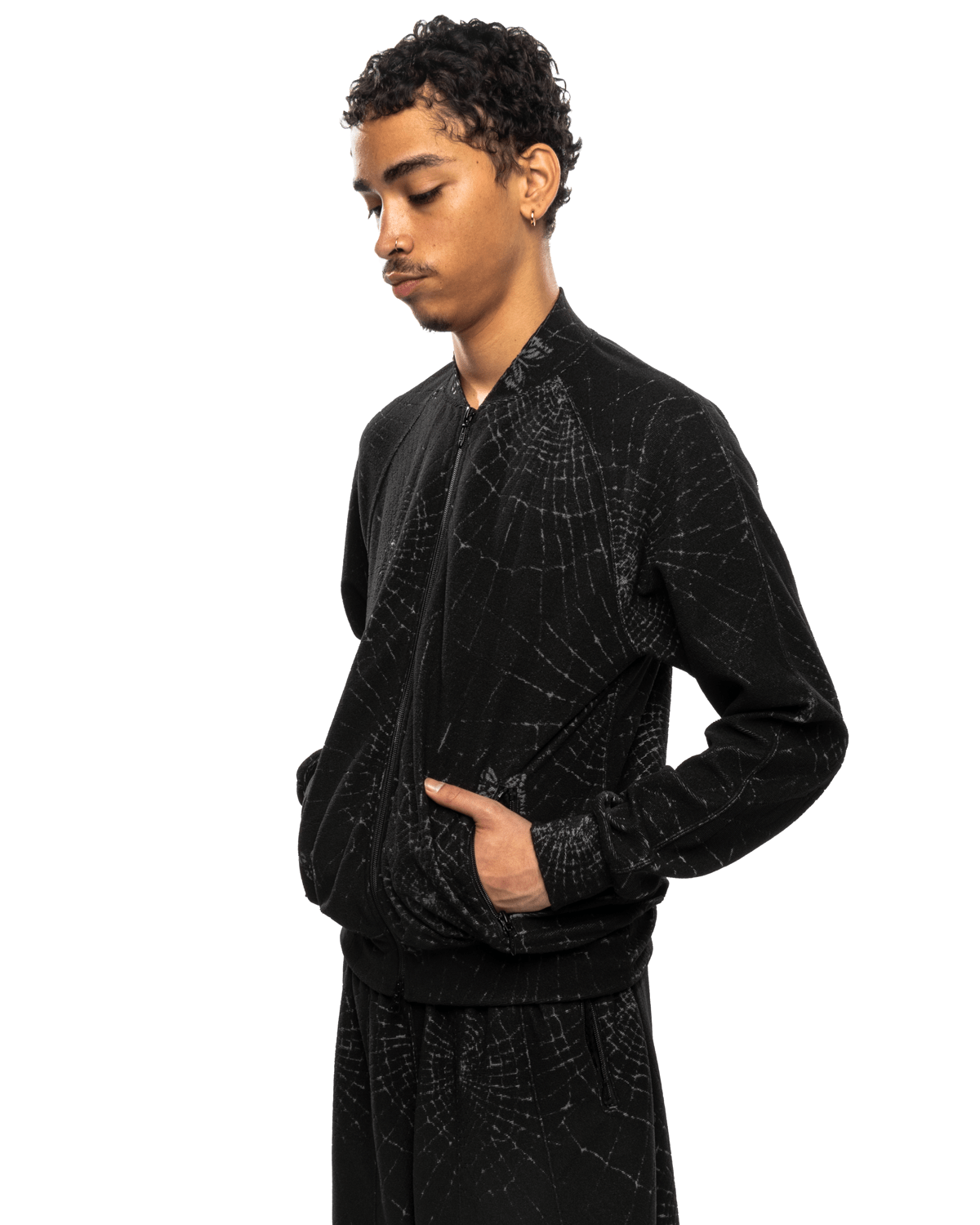 Rib Collar Track Jacket - Pile Jacquard / Spider Web Black - LIKELIHOOD