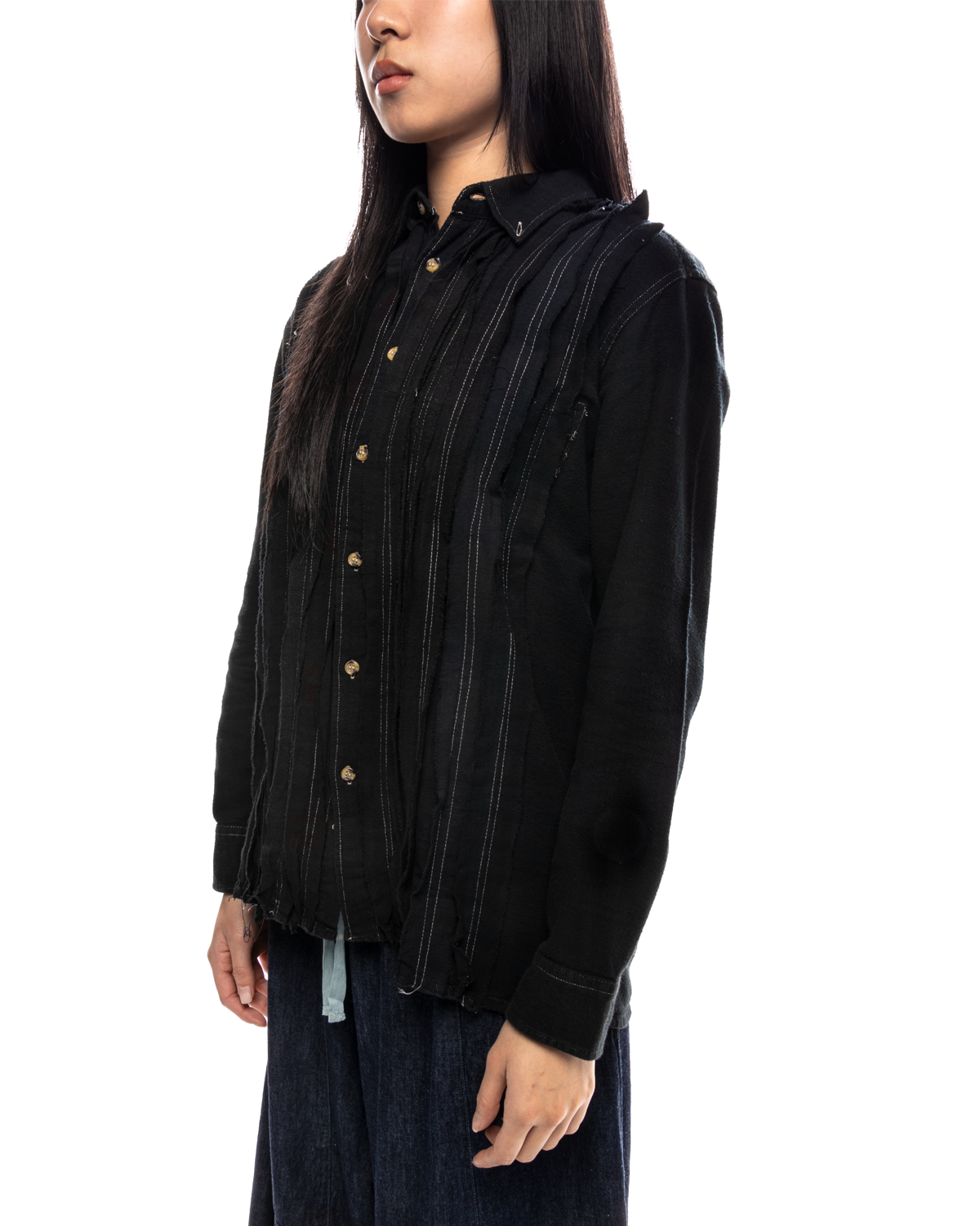 Flannel Shirt Ribbon Shirt / Over Dye Black