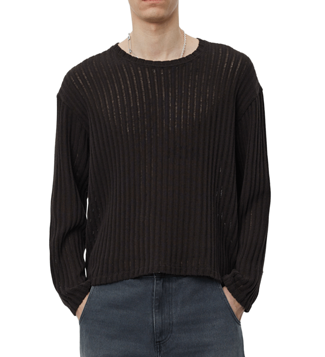 Round Neck Sweater Dark Brown Ajour Stripe - LIKELIHOOD