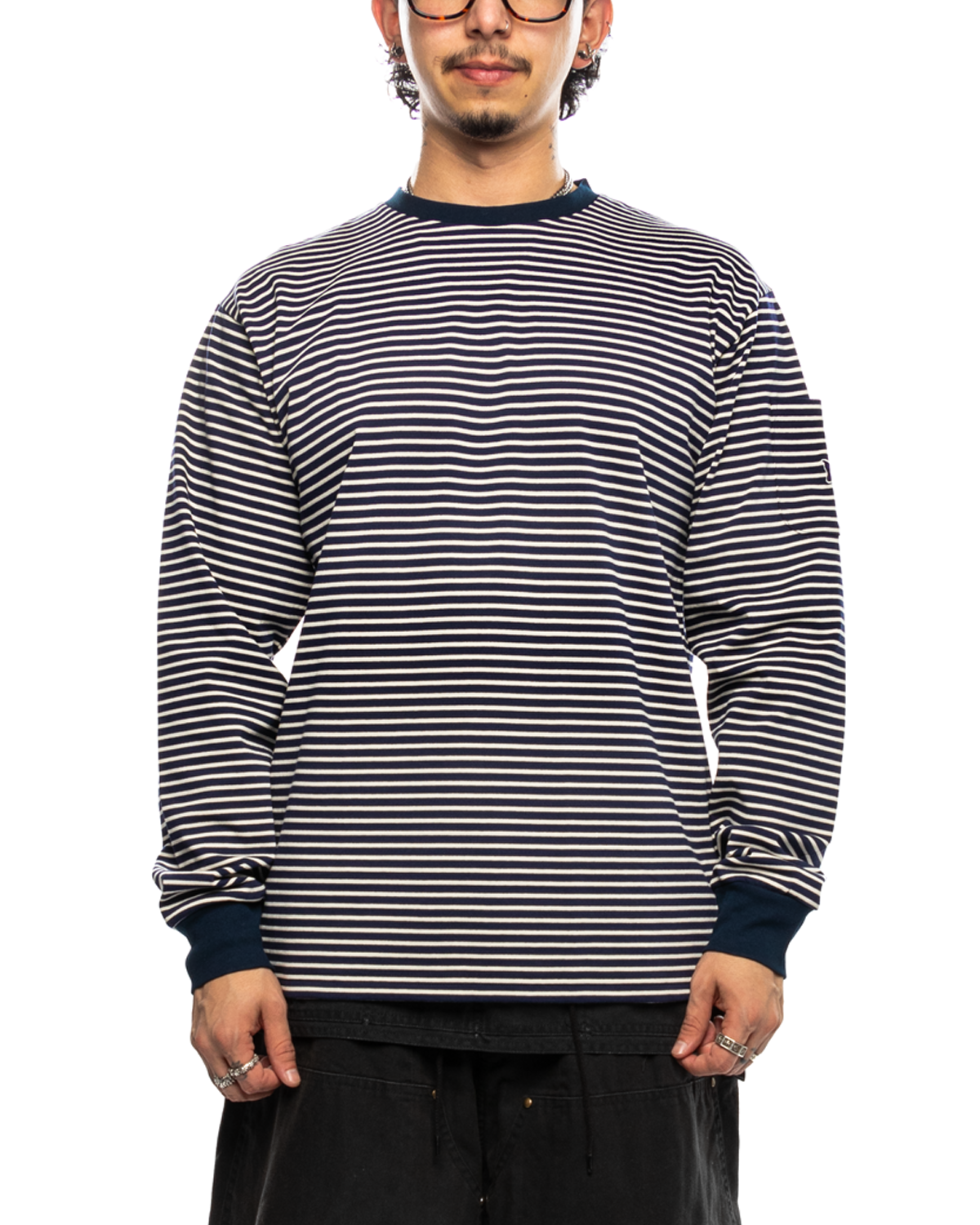 L/S Crew Neck Tee - Cotton Stripe Jersey Navy / White