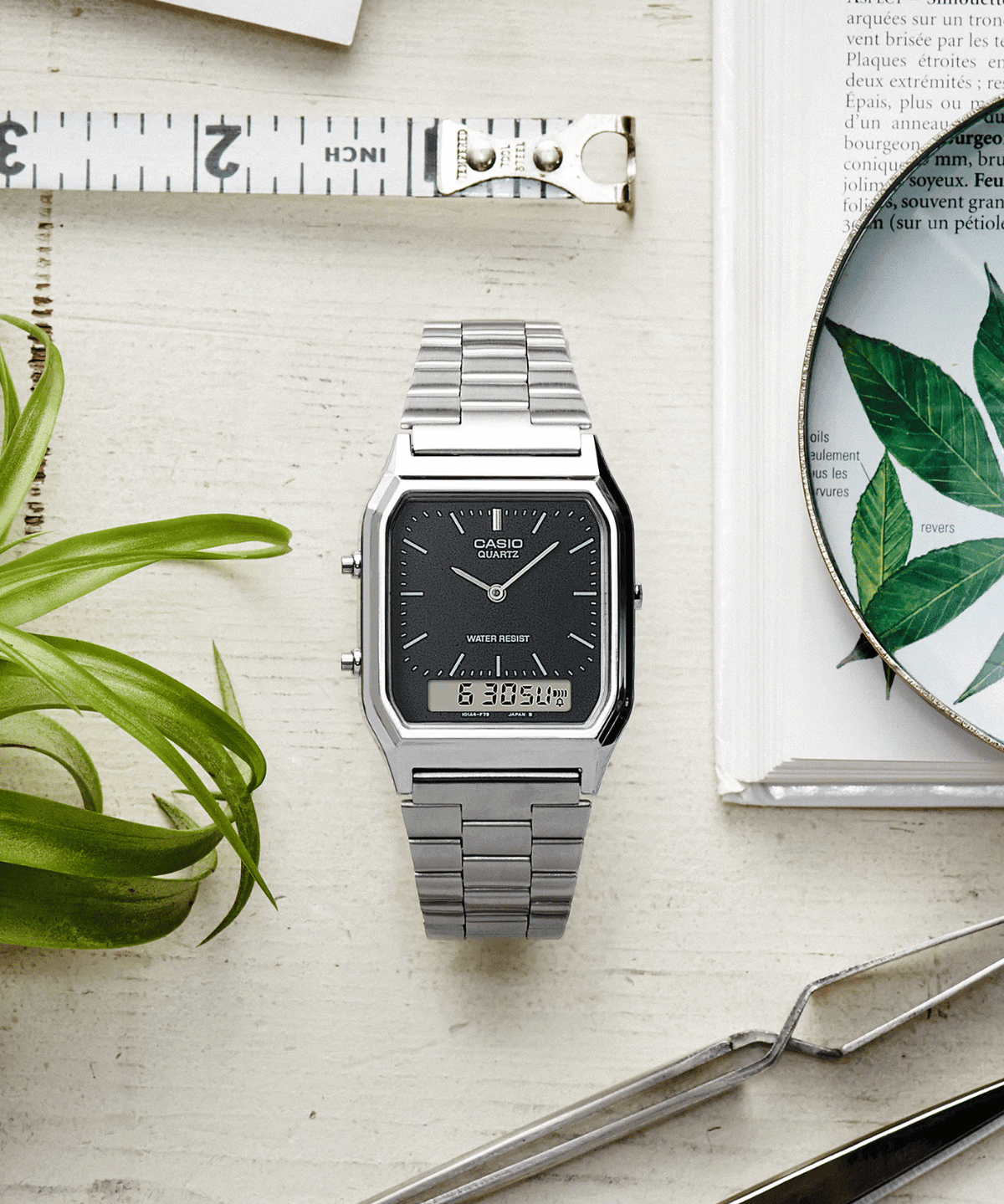 Vintage Silver and Black Stainless Steel Watch AQ230A-1DM - LIKELIHOOD