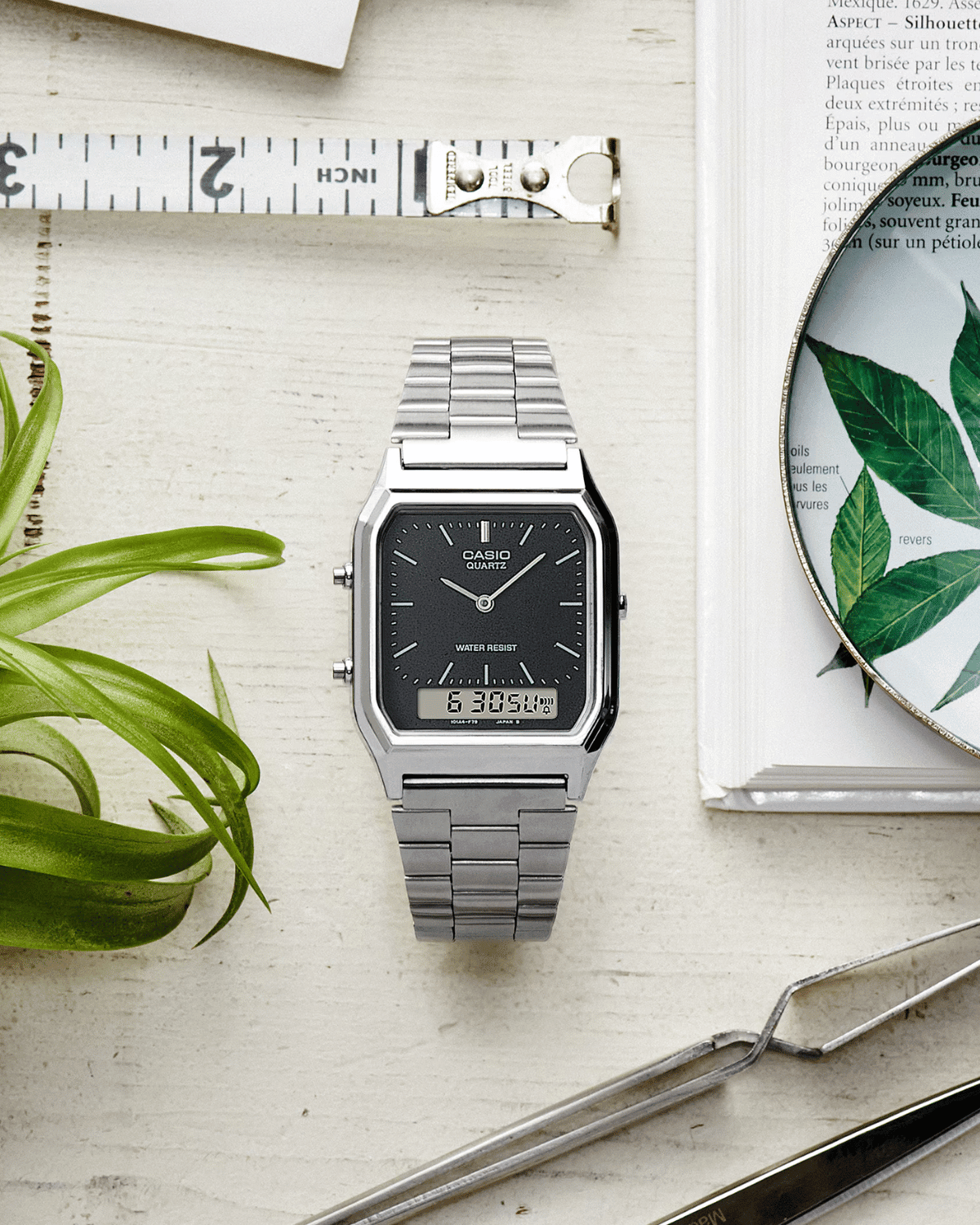 Vintage Silver and Black Stainless Steel Watch AQ230A-1DM - LIKELIHOOD