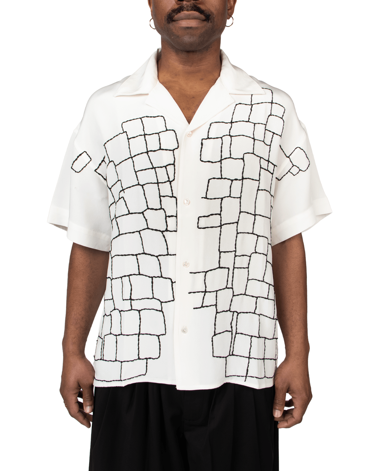 White SS Geometric Silk Shirt - LIKELIHOOD