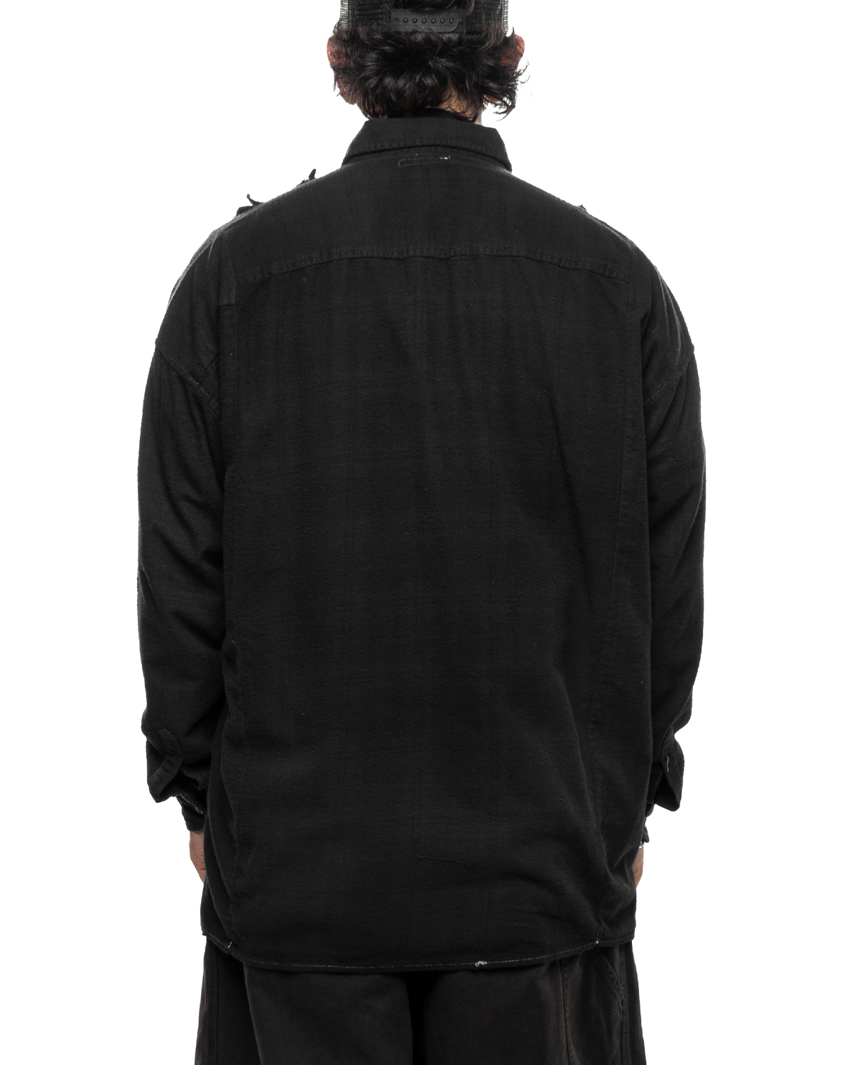 Flannel Shirt Ribbon Wide Shirt / Over Dye Black