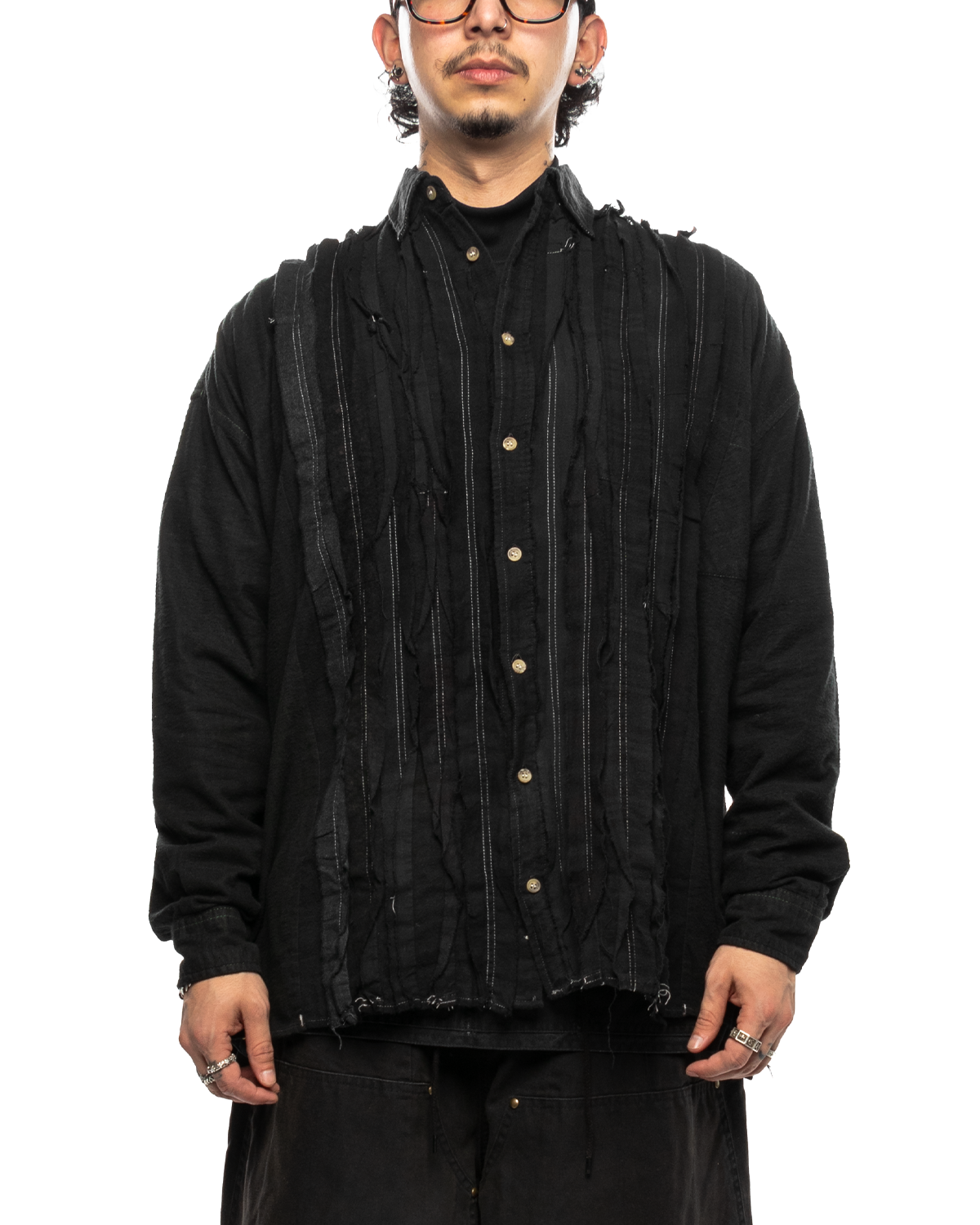 Flannel Shirt Ribbon Wide Shirt / Over Dye Black