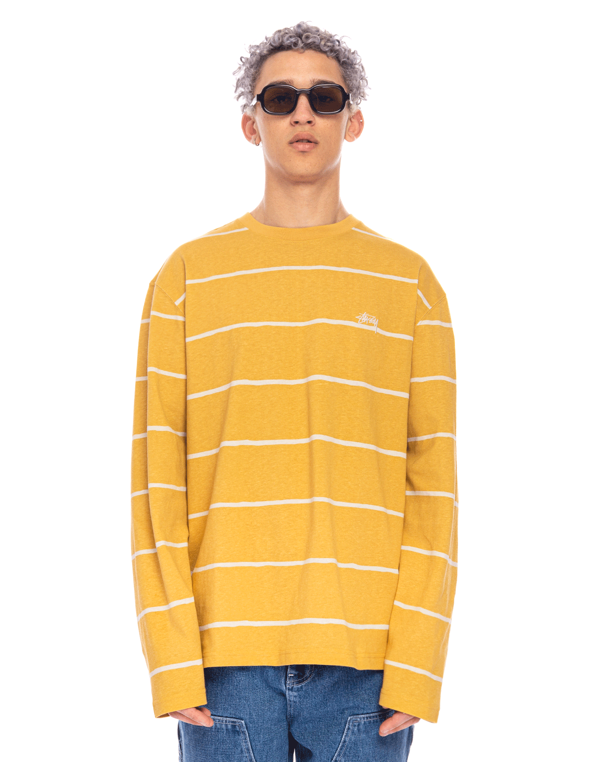 Hand Drawn Stripe LS Crew Mustard