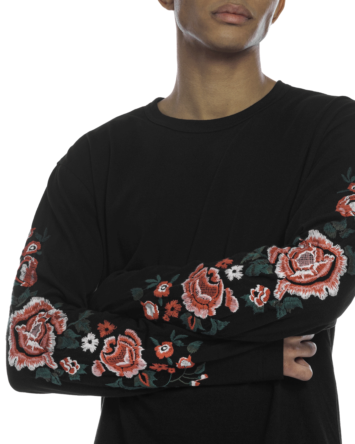 Long Sleeve Rose Embroidery Tee Black